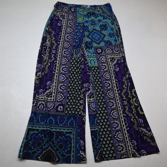 Chico's Pants - Chicos 12 Purple Floral Paisley Pull On Stretch Wide Leg Flare Womens Pants